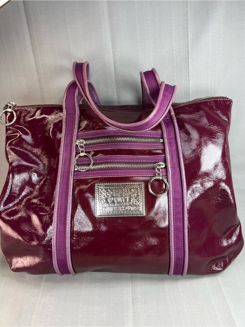 Coach, Poppy, purple leather, with light purple trim, and fabric within the trim